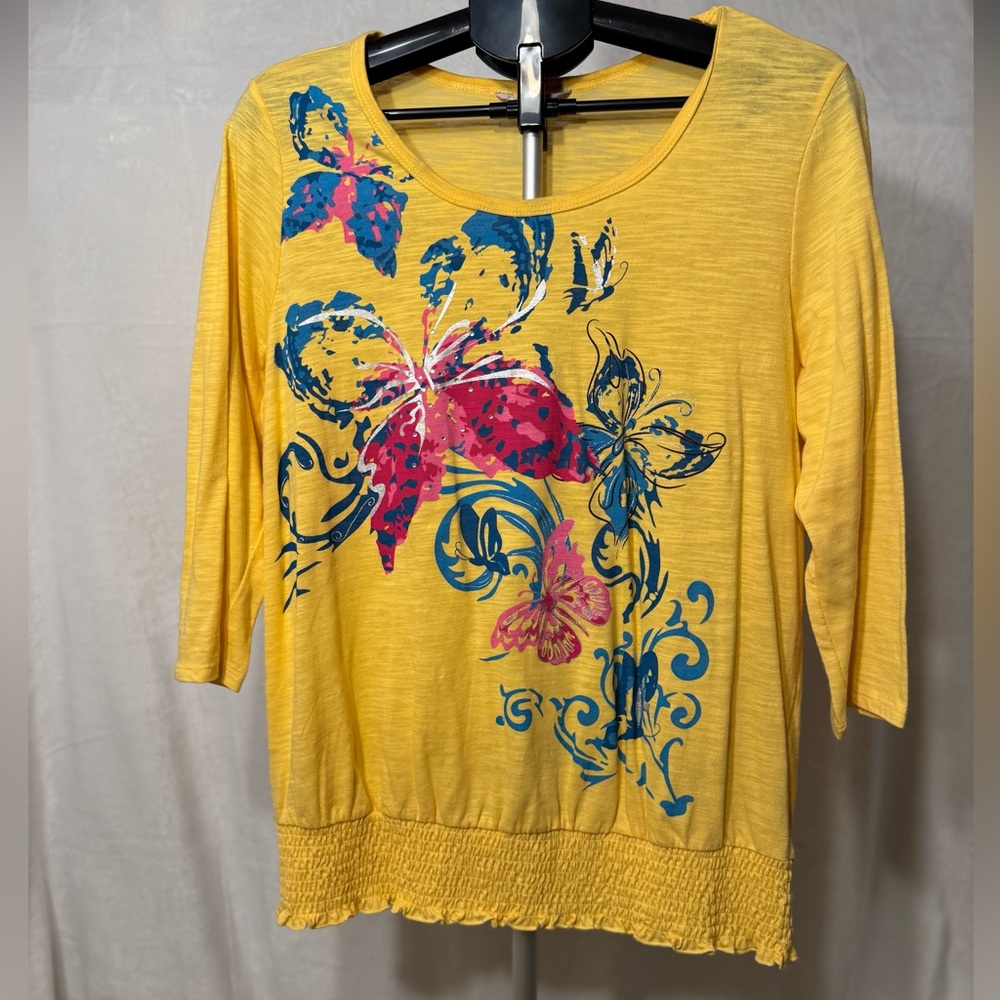 White Stag Yellow Top with Blue and Pink Butterfly Design